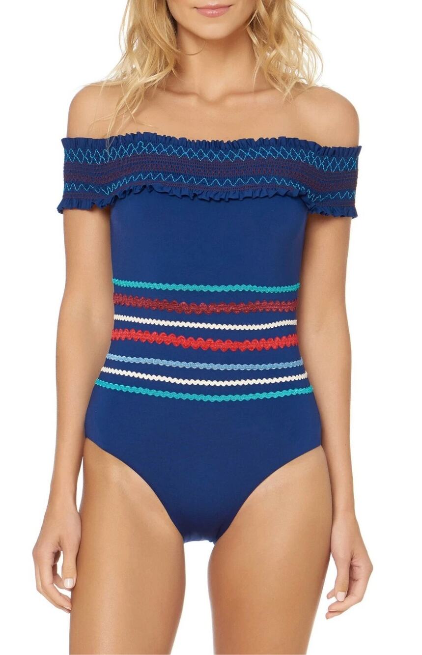 Red Carter Navy Off Shoulder One Piece Smocked Ric Rac Y2K Swim Size 4